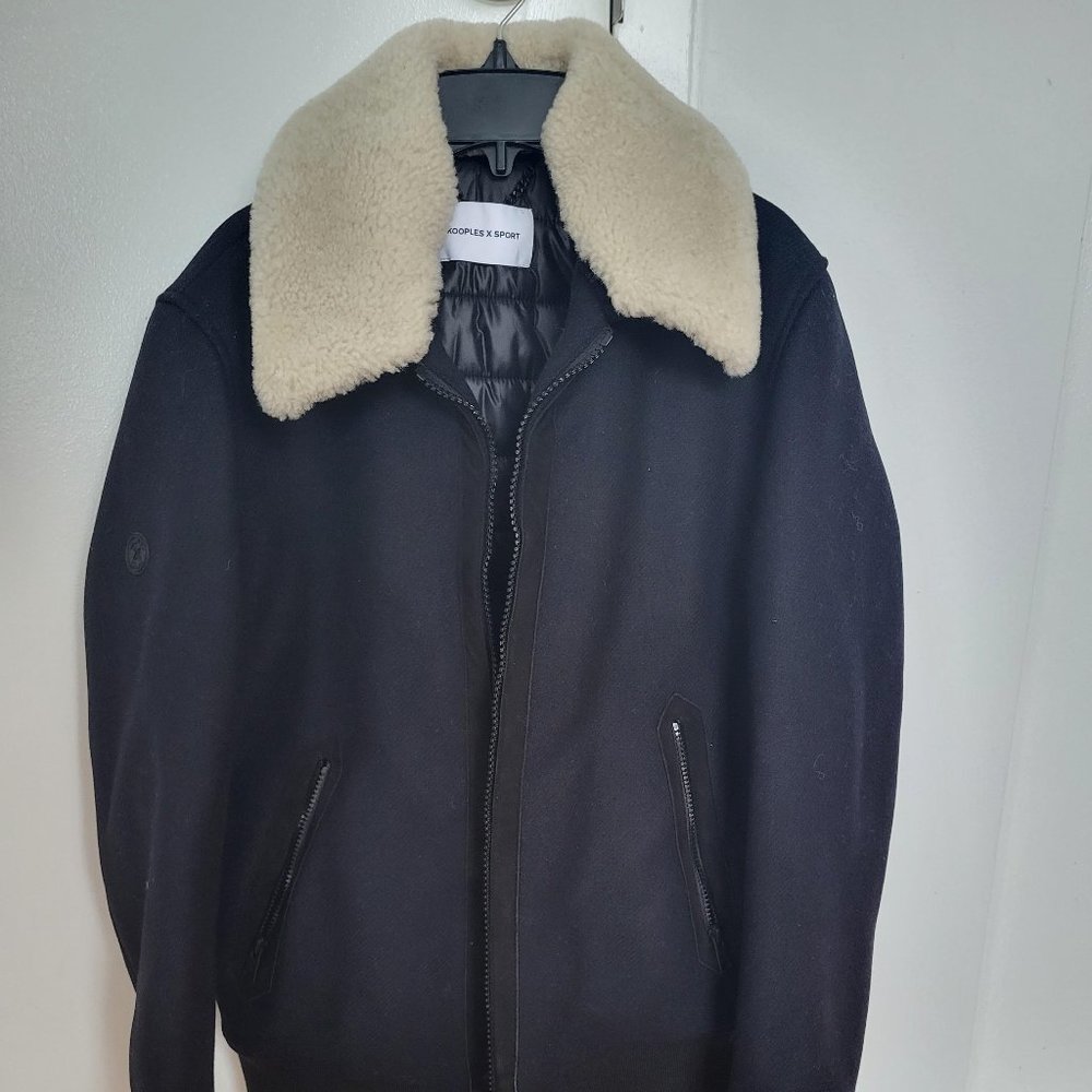 New THE KOOPLES men Blue Zipped Wool Jacket With Sheepskin Collar size M